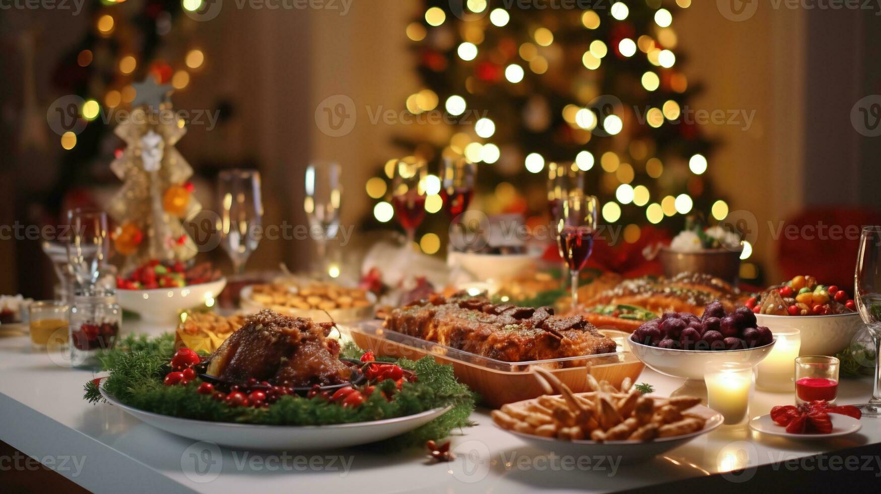 ai generato Natale cena tavolo pieno di piatti con cibo e spuntini, Natale evento foto