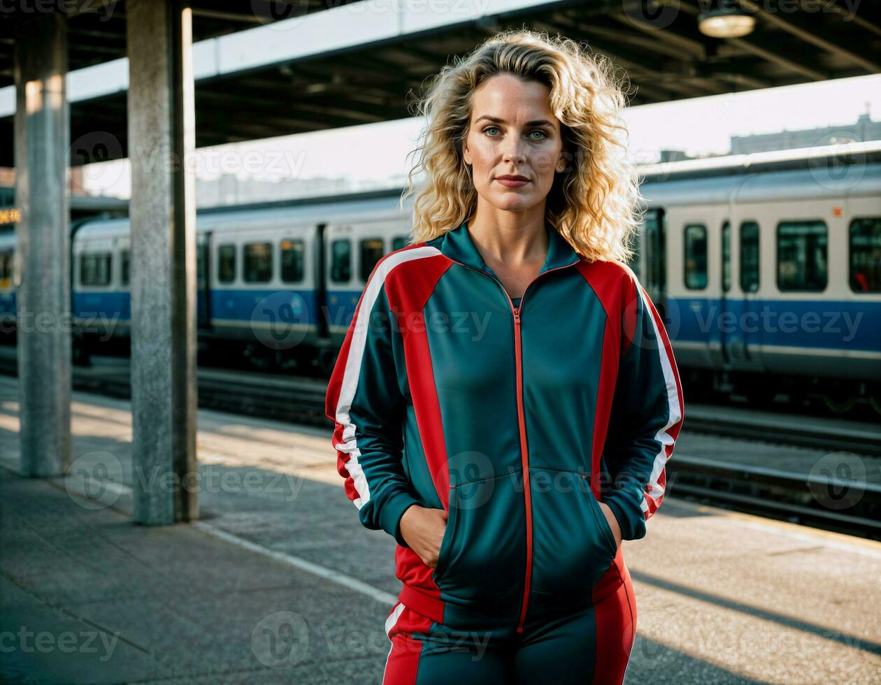 ai generato foto di mezzo anziano donna con tuta da ginnastica gli sport in piedi nel davanti di la metropolitana treno stazione , generativo ai