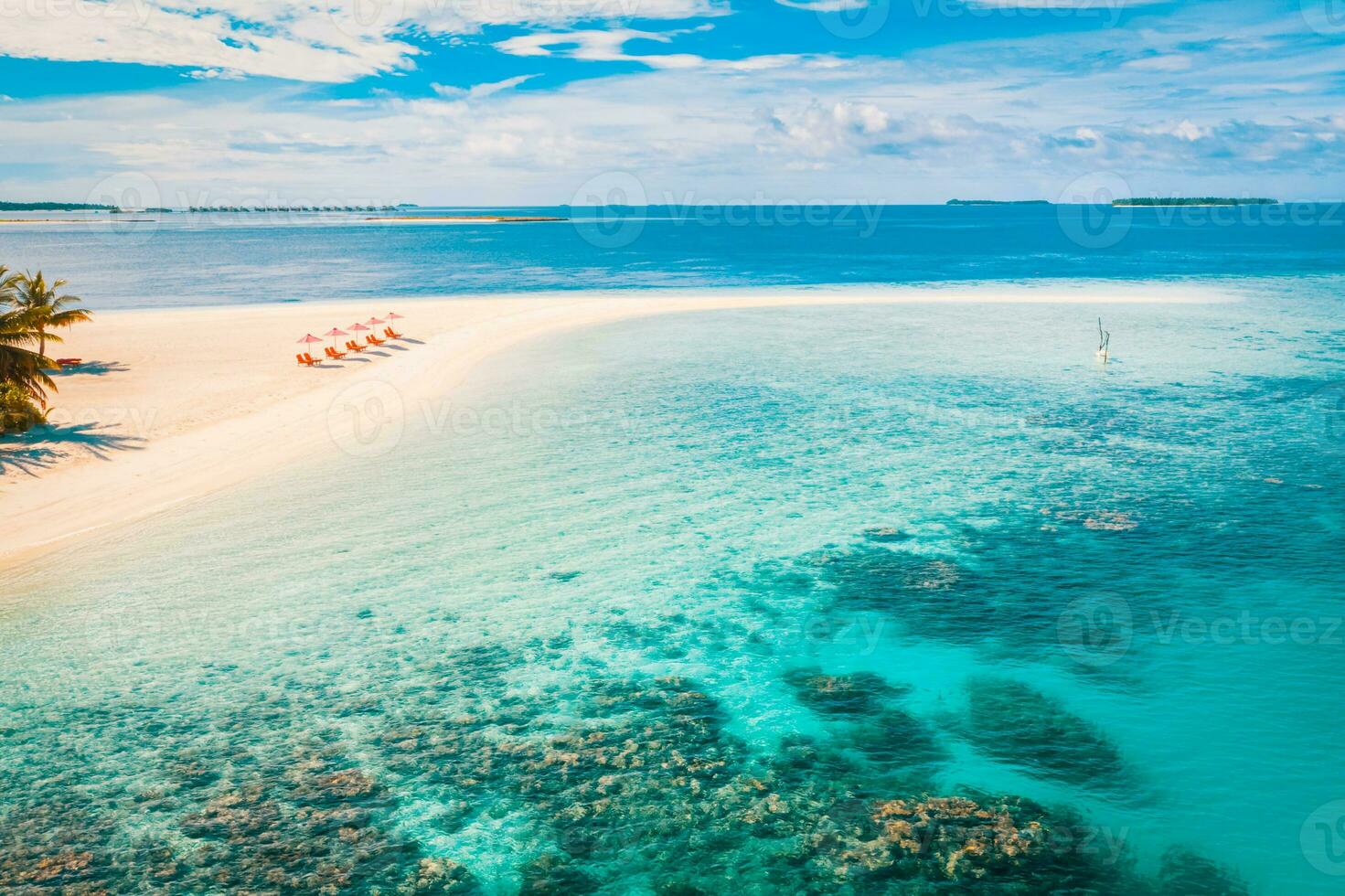 sorprendente aereo paesaggio nel Maldive isole. Perfetto blu mare e corallo scogliera Visualizza a partire dal fuco o aereo. esotico estate viaggio e vacanza paesaggio, lettini con banco di sabbia. libertà, scappa concetto foto