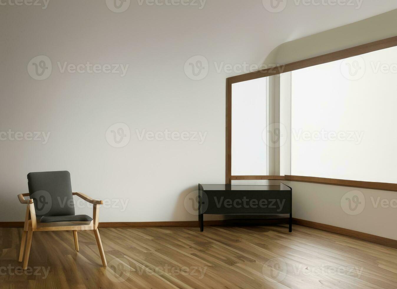 ai generato moderno camera con sedia e grande finestre, costruito nel minimo camera tono, quercia moderno divano. ai generato. foto