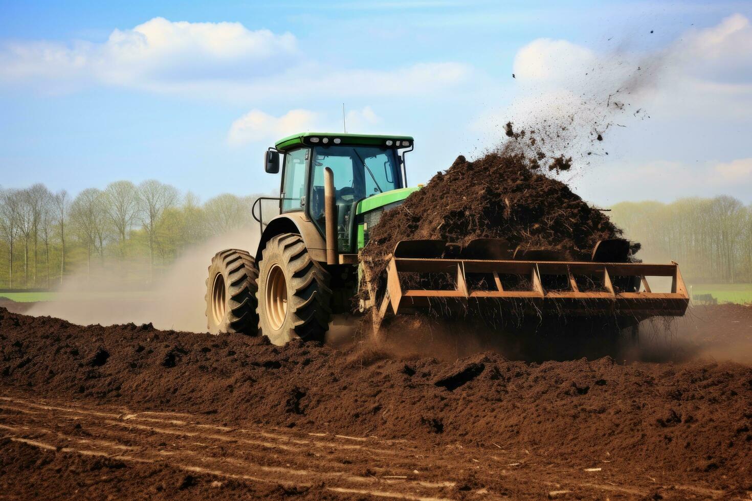 ai generato trattore Lavorando nel il campo. agricolo macchinari preparazione terra per piantare, applicazione di letame su arabile terreno agricolo, ai generato foto