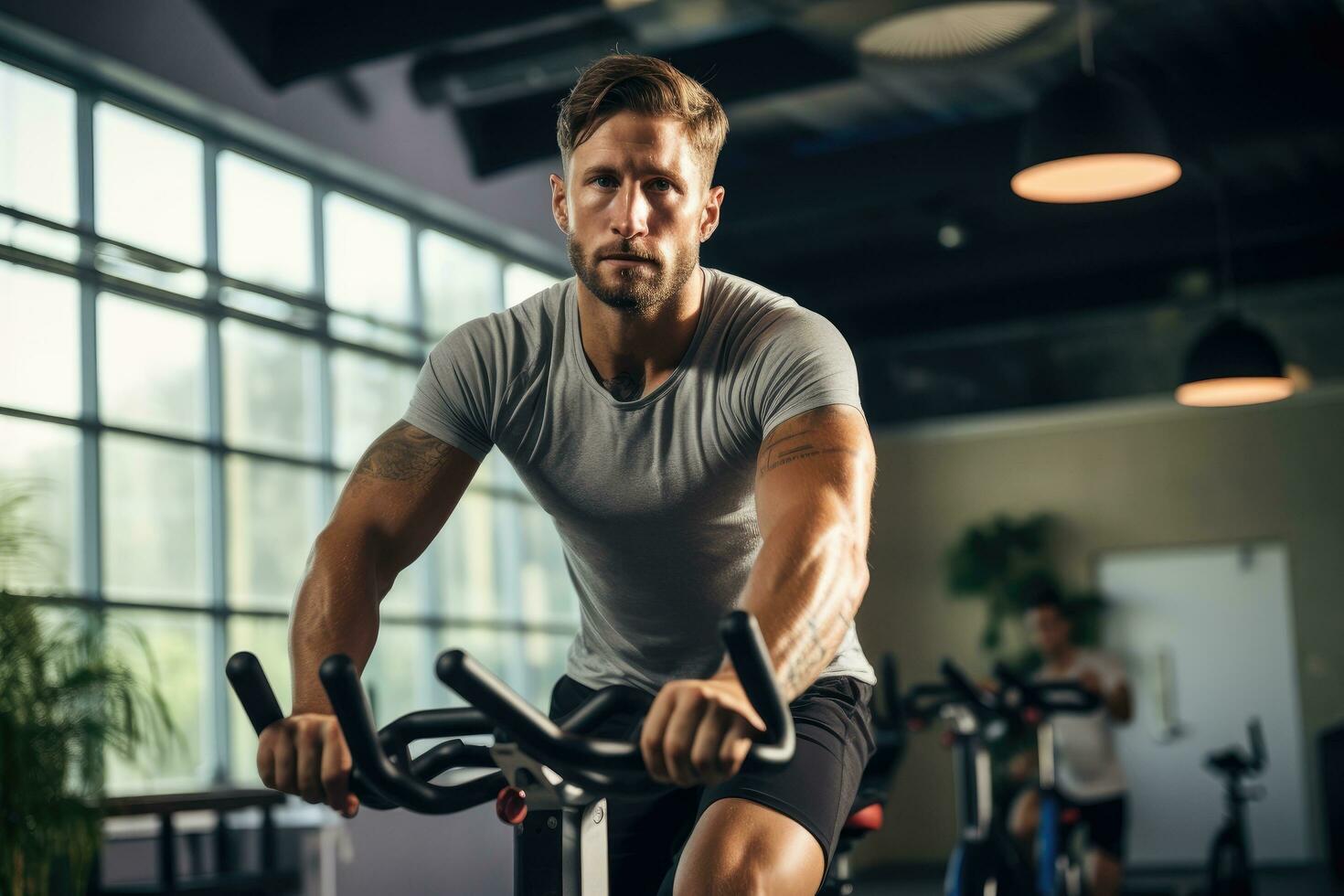 ai generato bello giovane uomo nel abbigliamento sportivo formazione su esercizio bicicletta nel palestra, un' uomo su un' fitness esercizio bicicletta al chiuso, ai generato foto