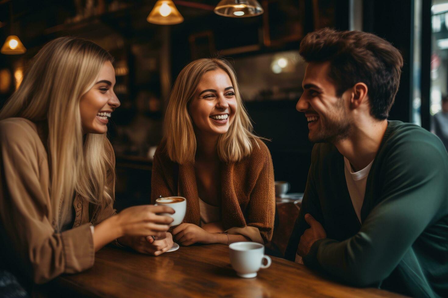 ai generato bellissimo giovane donna e uomo siamo potabile caffè e sorridente mentre seduta nel bar, un' gruppo di amici godendo caffè insieme, ai generato foto