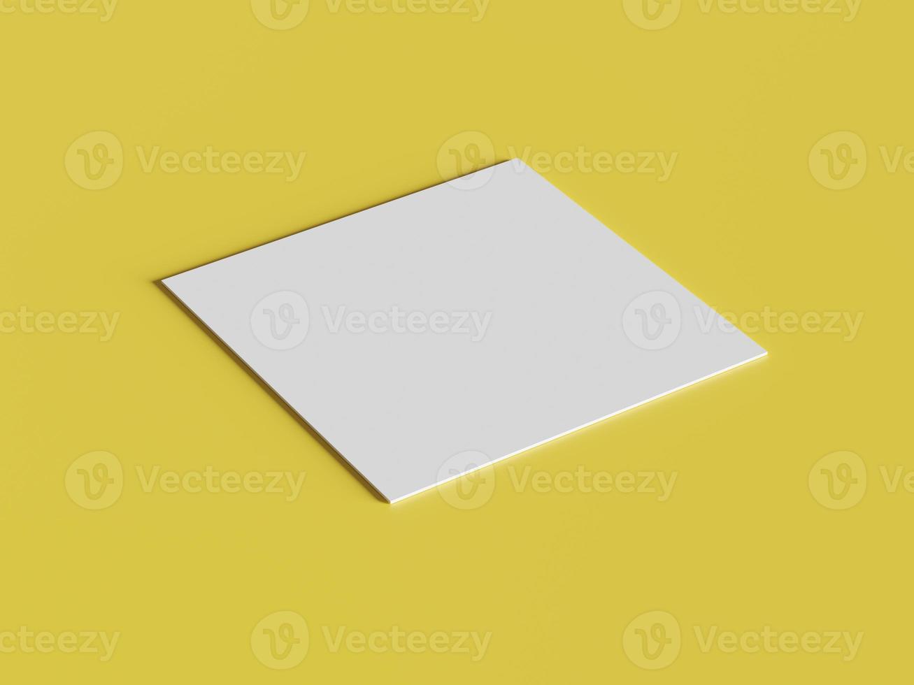 mockup di carta a forma quadrata bianca su sfondo giallo oro isolato. stampa del modello di presentazione del marchio. vista dell'angolo di inclinazione. Rendering di illustrazione 3D foto