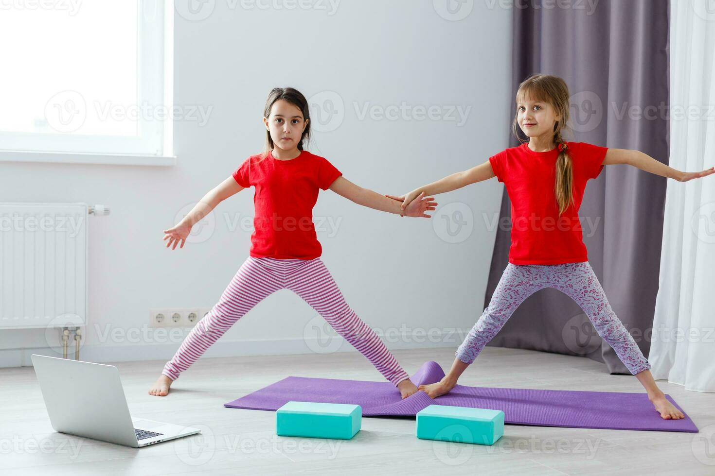 Due poco ragazze praticante yoga, allungamento, fitness di video su taccuino. lontano in linea formazione scolastica addestramento, aerobico a casa. salutare stile di vita, coronavirus, restare casa. bambini sport casa quarantena. foto