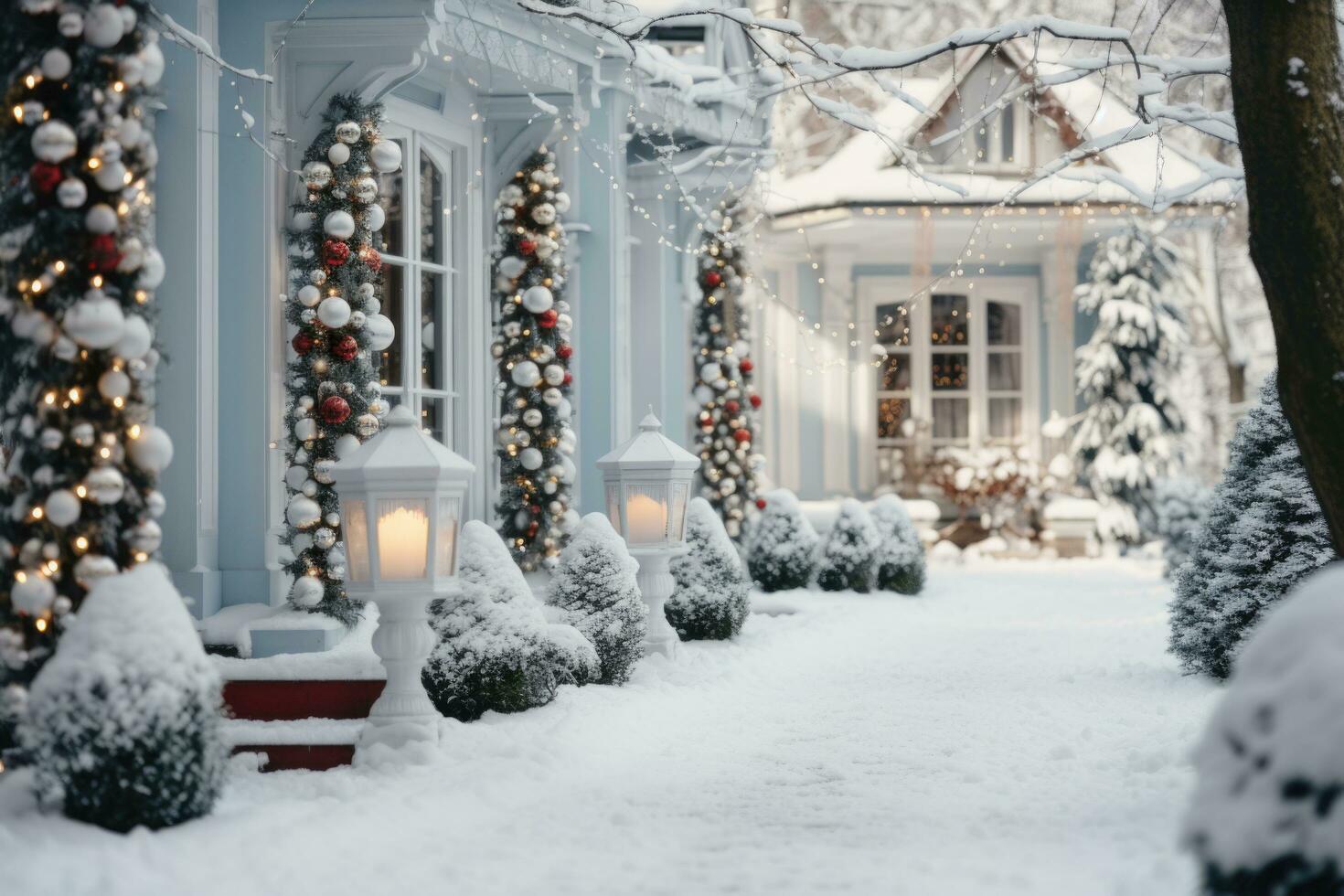 ai generato inverno nevoso strada con torce elettriche, Natale alberi decorato con ghirlande e Natale albero decorazioni nel sfocato. Natale esterno nel il americano stile. foto