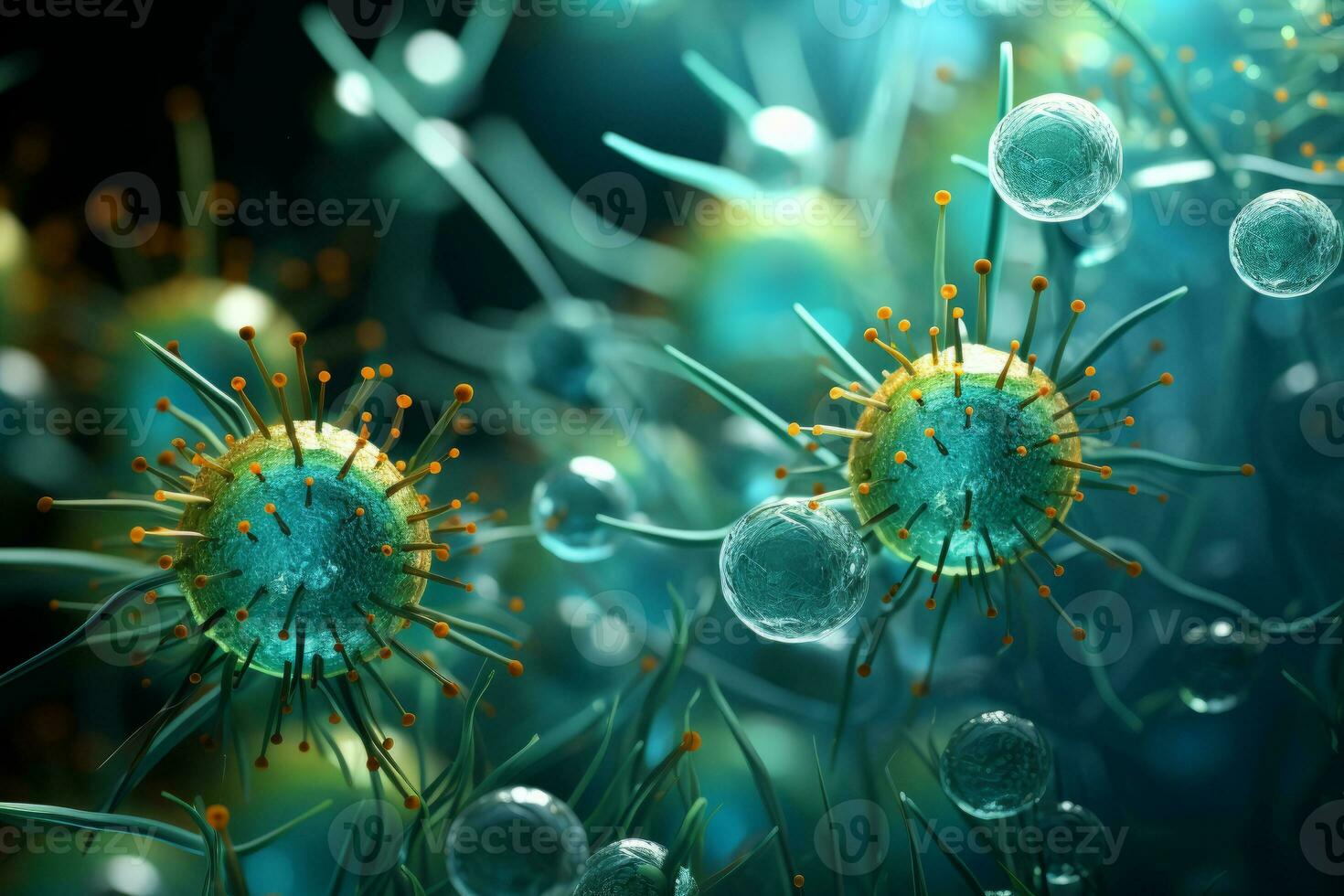 ai generato virus, batteri macro, microbiologia concetto, medico di corpo cellule microscopico foto