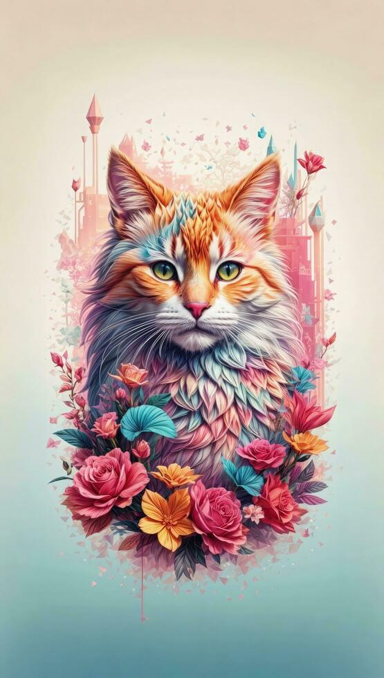 ai generato carino gatto con fiori su suo testa. mano disegnato illustrazione foto