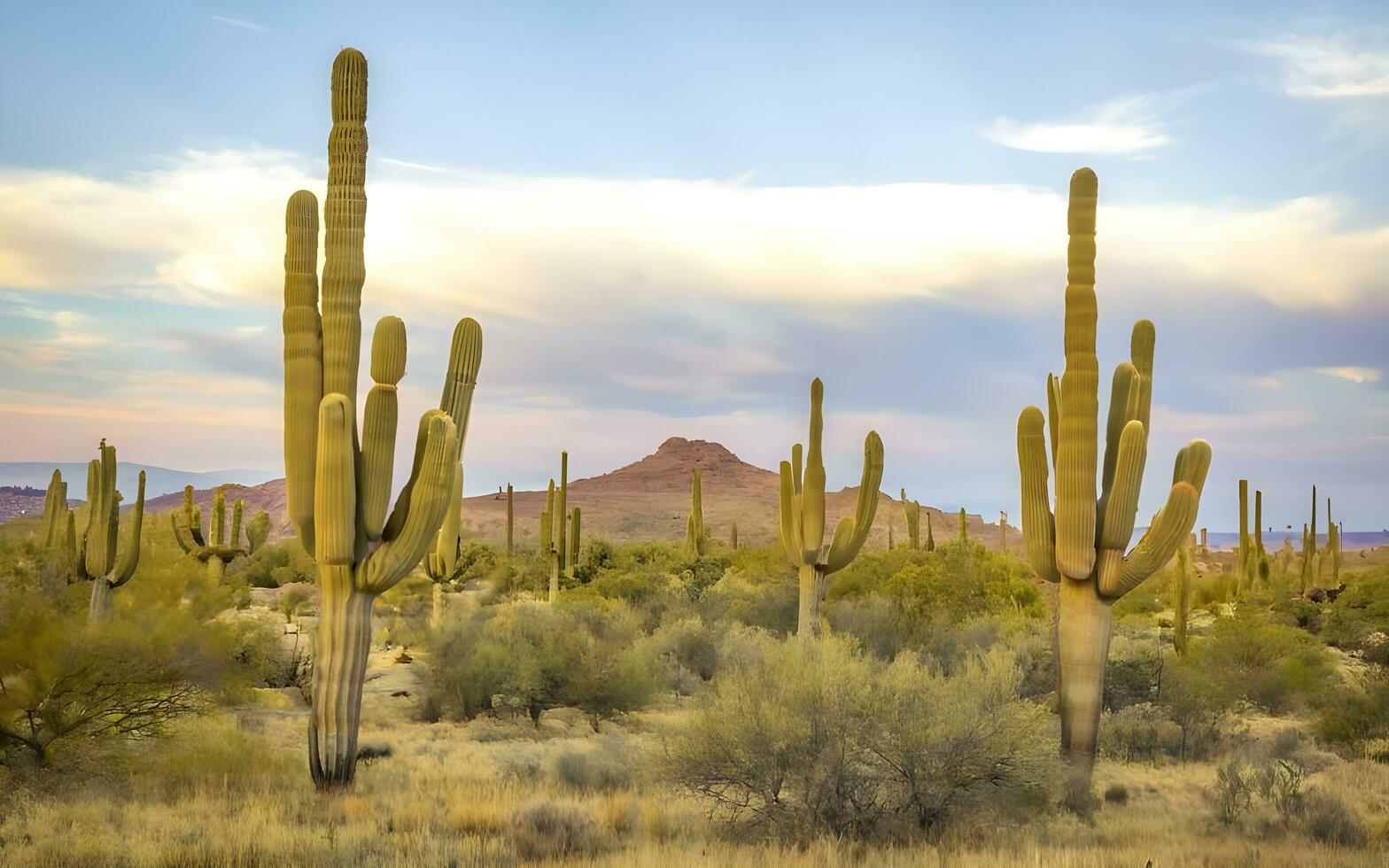 ai generato maestoso la tranquillità, un' travolgente deserto tela con saguaro giganti foto