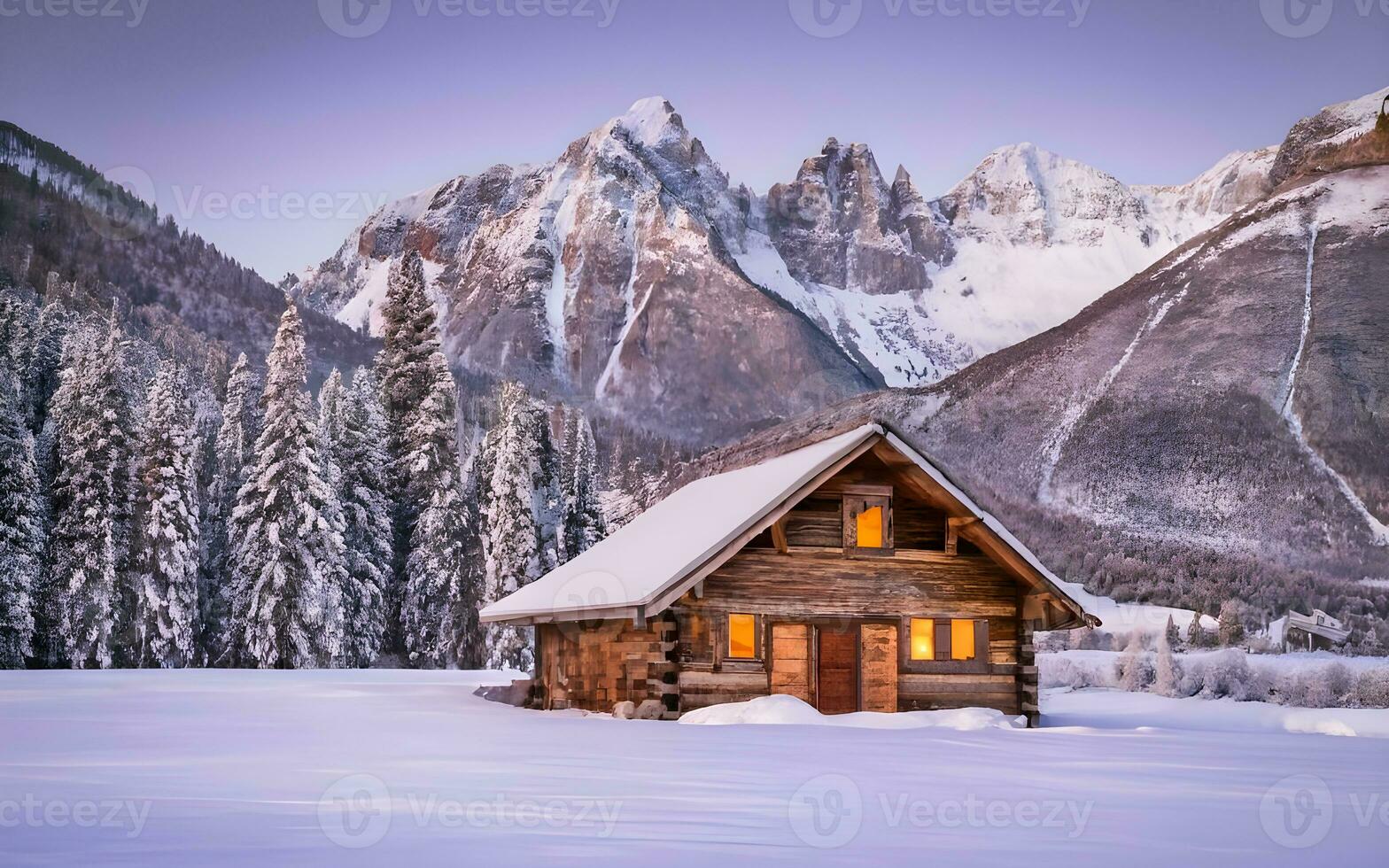 ai generato inverno Paese delle meraviglie ritiro, un' tranquillo cabina nel il cuore di nevoso maestà foto