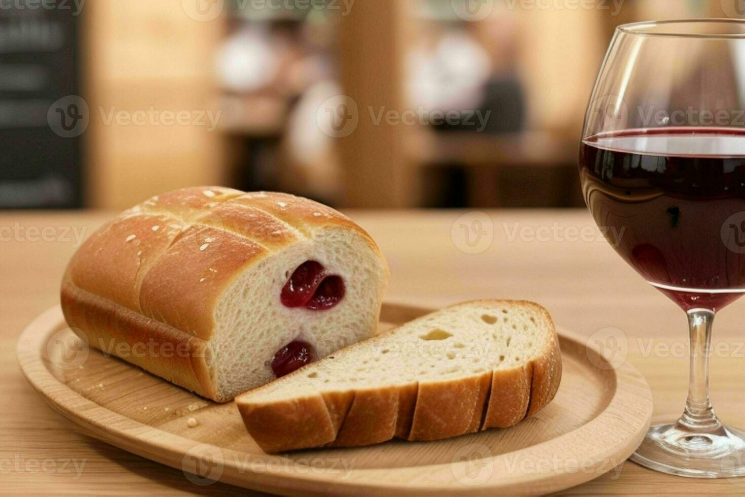 ai generato tazza di vino con pane. professionista foto