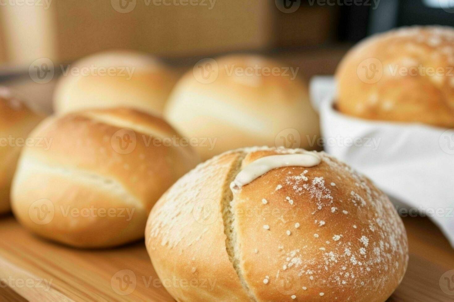 ai generato fresco al forno pane rotoli. professionista foto