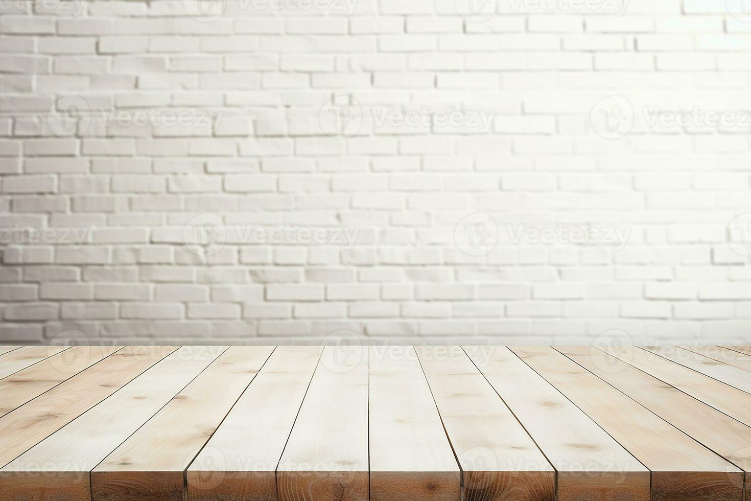 ai generato vuoto di legno tavolo superiore con bianca mattone sfondo foto