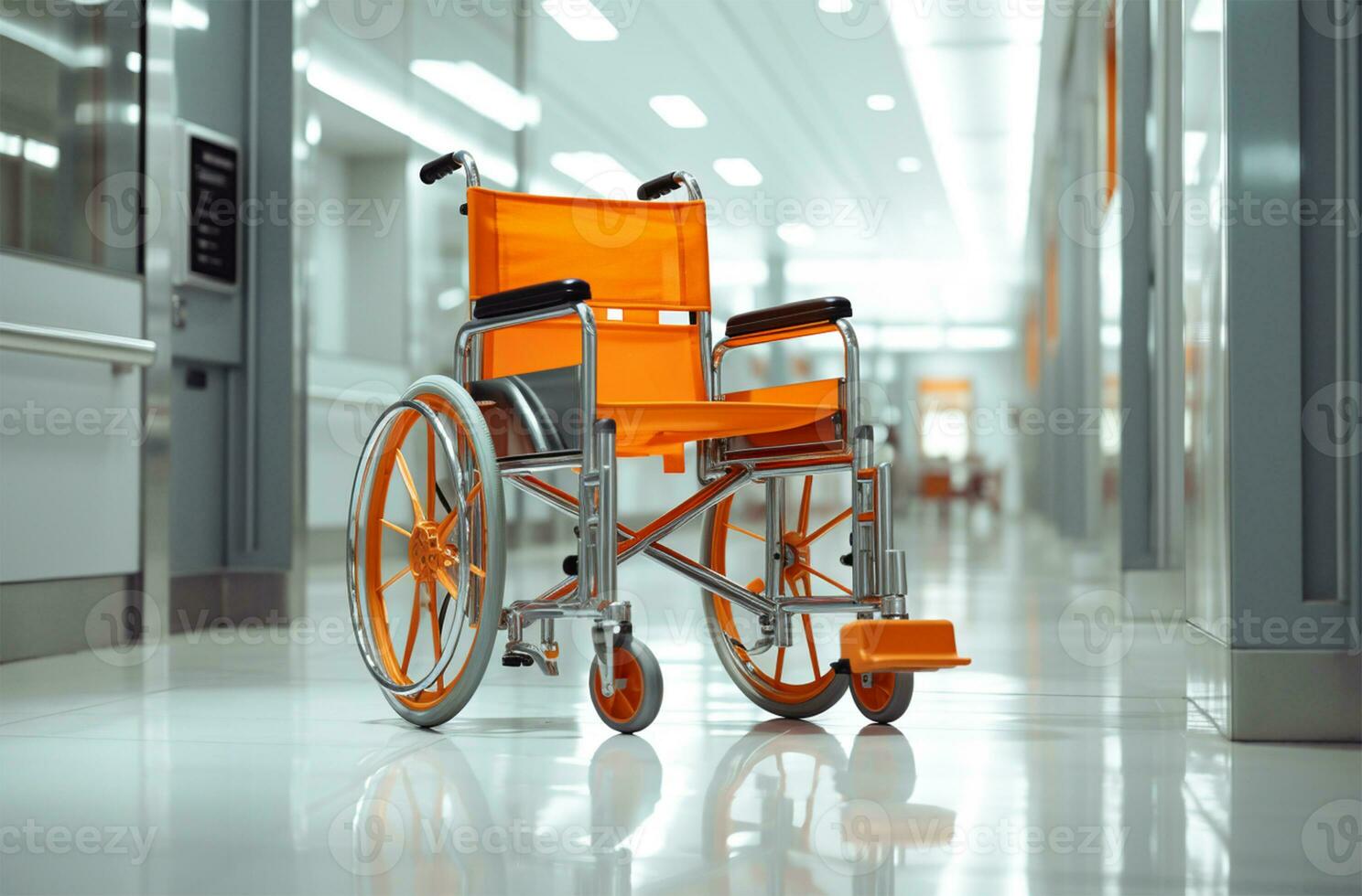 ai generato sedia a rotelle nel il ospedale corridoio. 3d interpretazione e illustrazione. foto