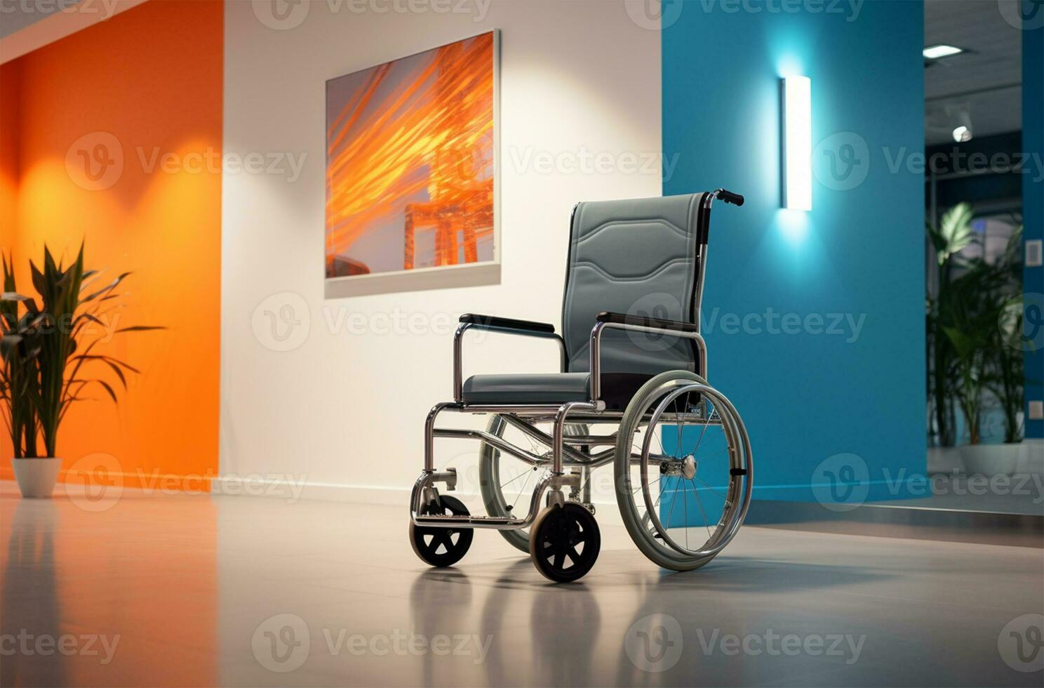 ai generato sedia a rotelle nel il ospedale corridoio. 3d interpretazione e illustrazione. foto