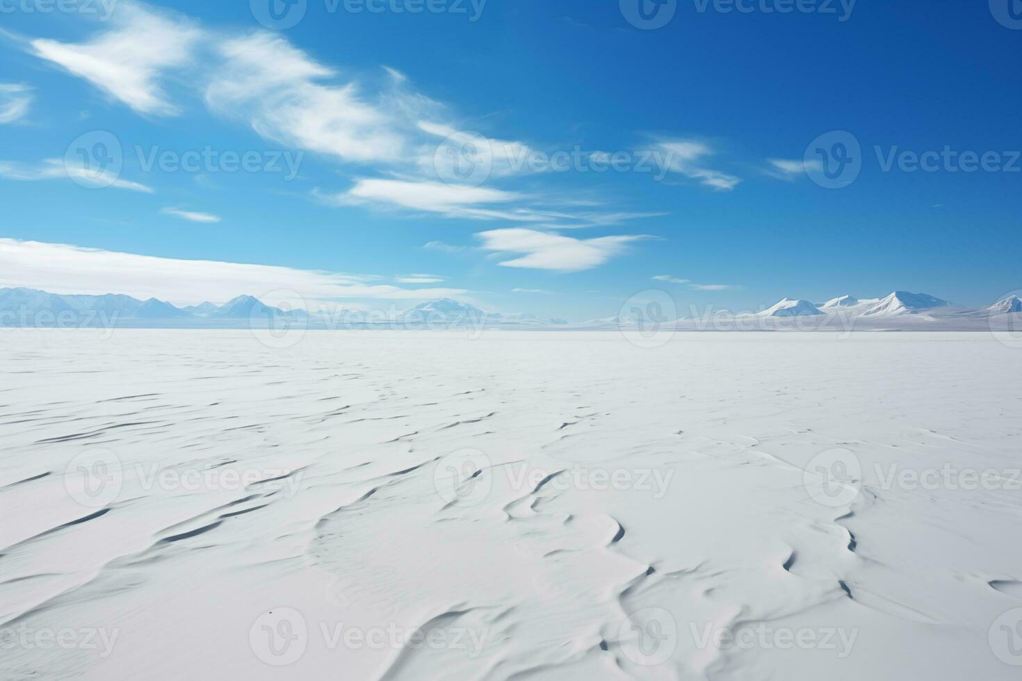 ai generato antartico deserto paesaggio, freddo neve pianura sotto blu cielo foto