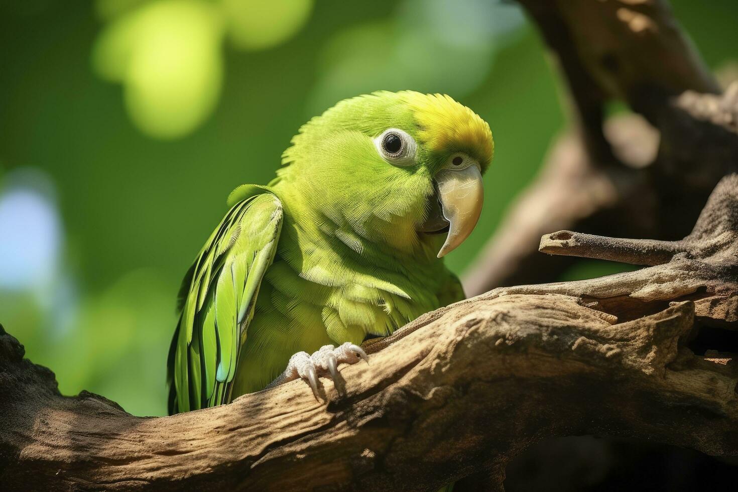 ai generato un' verde pappagallo su un' ramo. ai generato foto