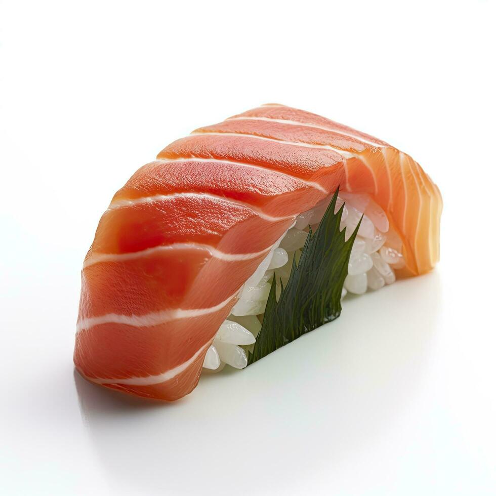 ai generato un' Sushi salmone su bianca sfondo. ai generato foto