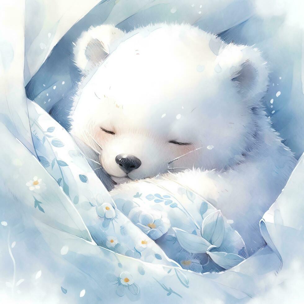 ai generato un' assonnato bambino bianca orso nel biancheria da letto. acquerello illustrazioni. ai generato foto