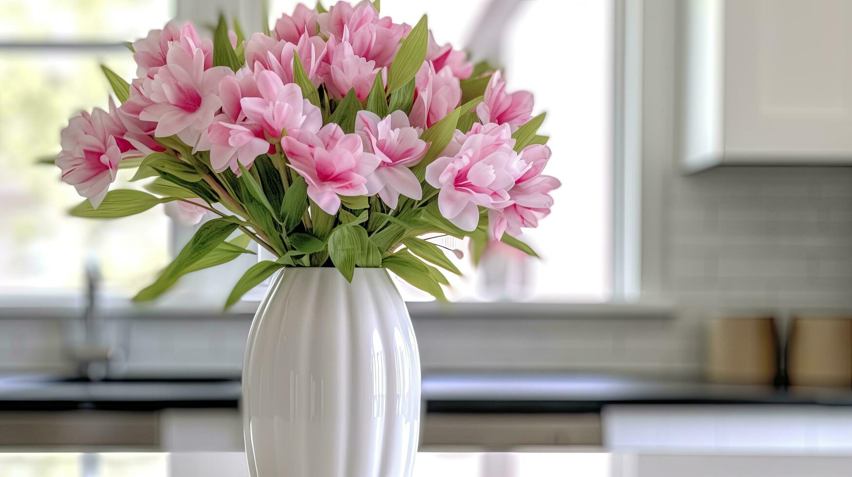 ai generato un' bianca vaso pieno di rosa fiori è seduta nel un' cucina contro un' finestra. foto