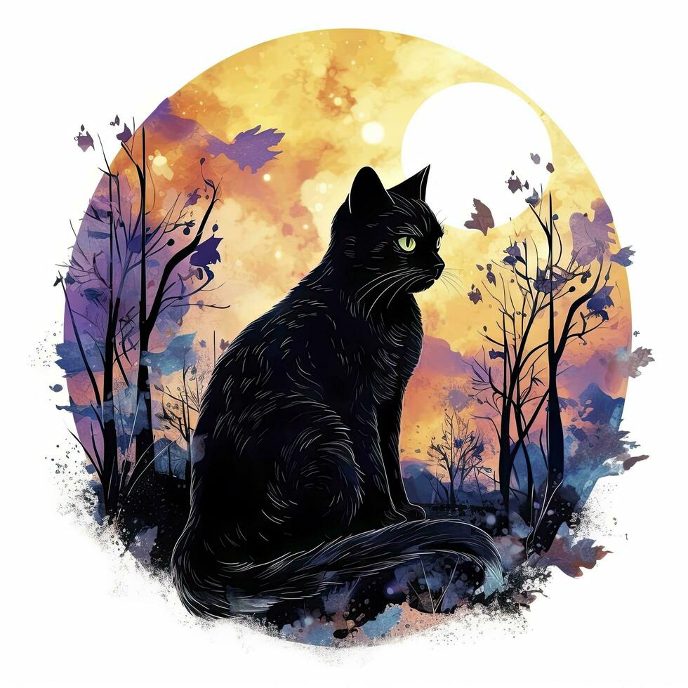 ai generato nero gatto nel illuminato dalla luna foresta. acquerello per maglietta design. ai generato foto