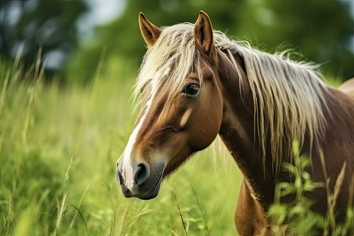 ai generato Marrone cavallo con biondo capelli mangia erba su un' verde prato dettaglio a partire dal il testa. foto