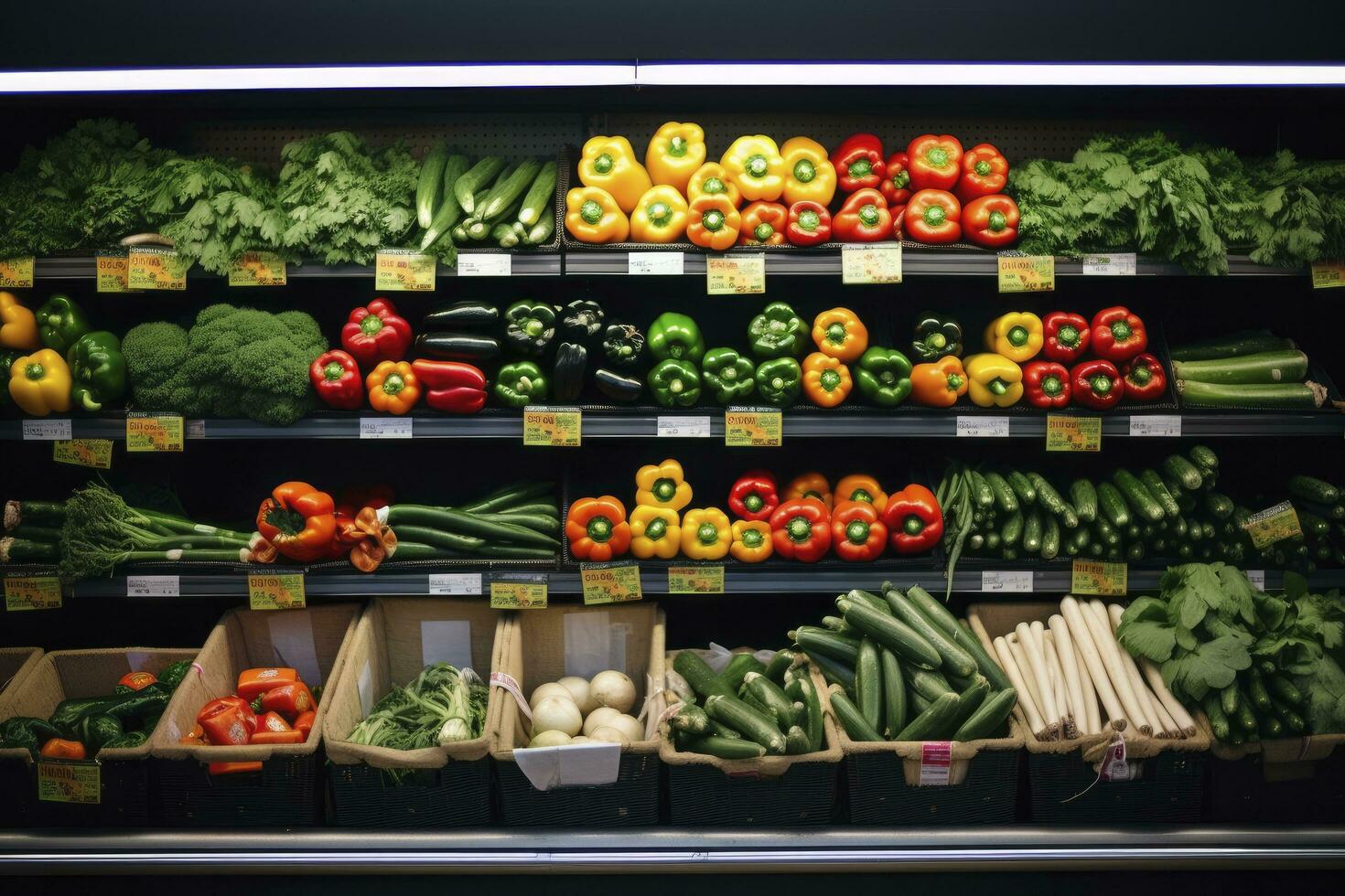 ai generato frutta e verdure su negozio In piedi nel supermercato drogheria negozio. ai generato foto