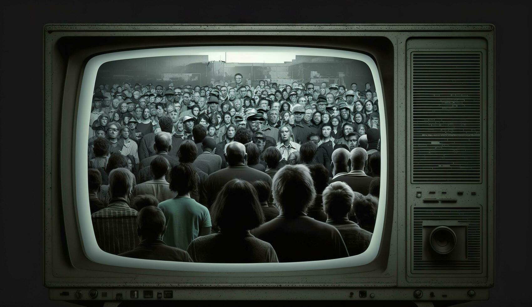 ai generato persone folla Guardando tv. tv dipendenza, propaganda e falso notizia concetto. generativo ai foto