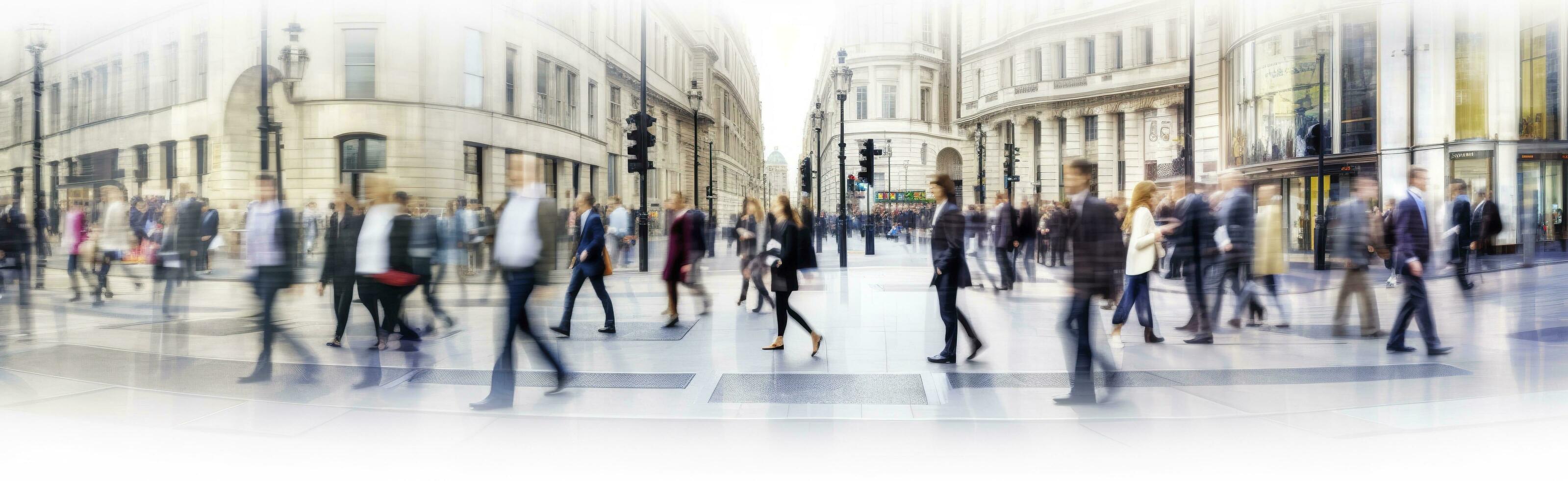 ai generato a piedi persone sfocatura. molte di persone camminare nel il città di Londra. largo panoramico Visualizza di persone attraversamento il strada. ai generato foto