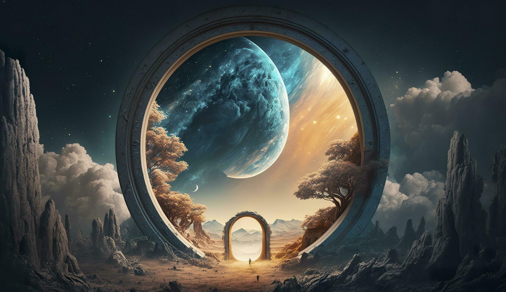 ai generato portale per un altro mondo. futuristico cosmico paesaggio con cerchio tunnel nel stellato cielo. generativo ai foto