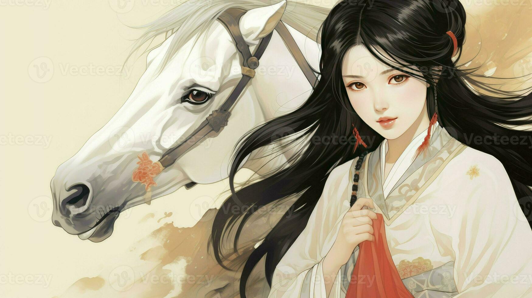 ai generato epico fantasia. bellissimo donna guerriero e sua bianca cavallo ,sembra a il campo di battaglia foto
