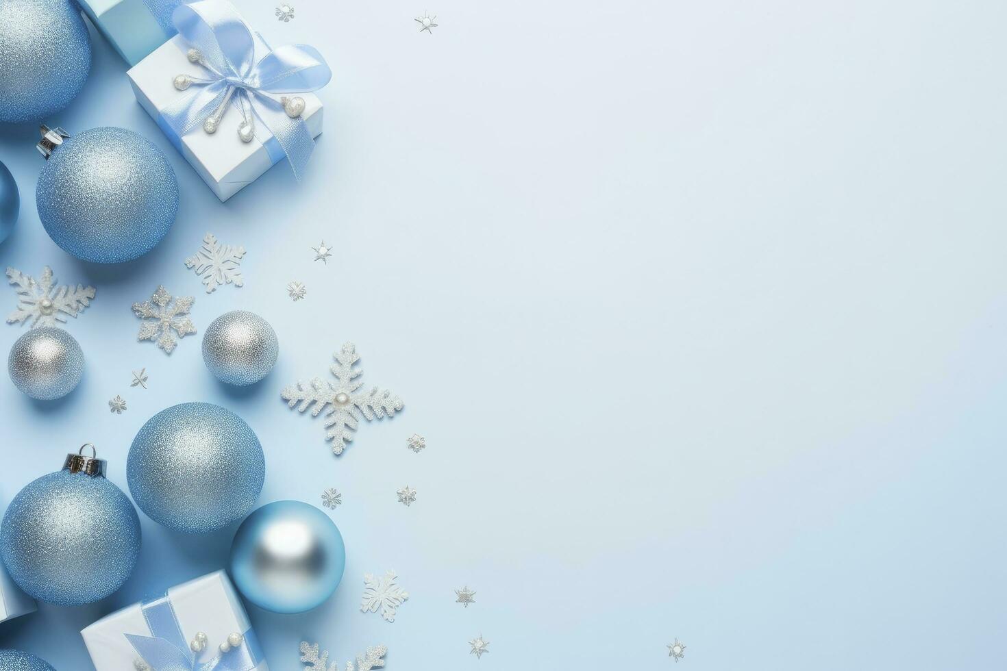 ai generato Natale vigilia concetto. superiore Visualizza foto di blu e argento palline fiocco di neve ornamenti elegante presente scatole e coriandoli. ai generato