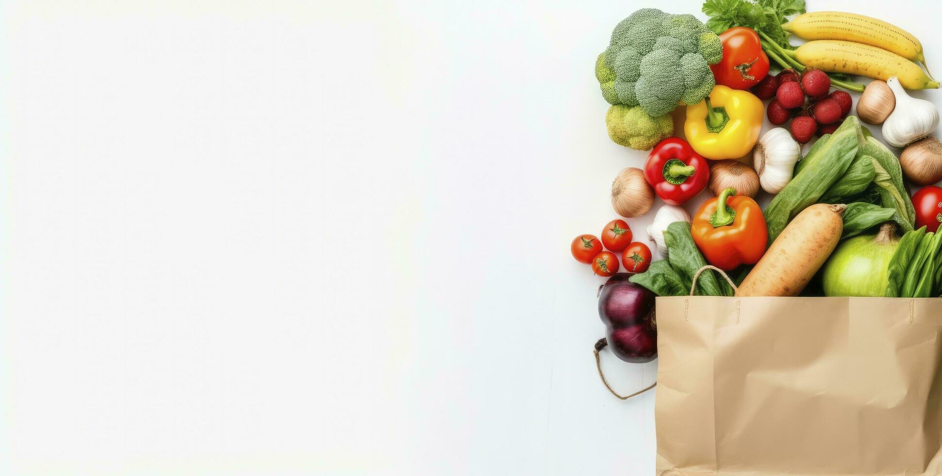 ai generato salutare cibo nel carta Borsa verdure e frutta su bianca sfondo. ai generato foto