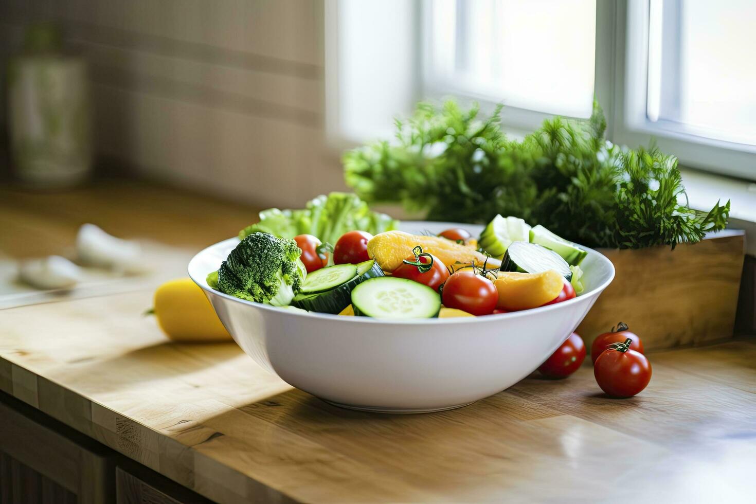 ai generato cucina ancora vita con bianca ciotola di lavato verdure su di legno scrivania. ai generato foto