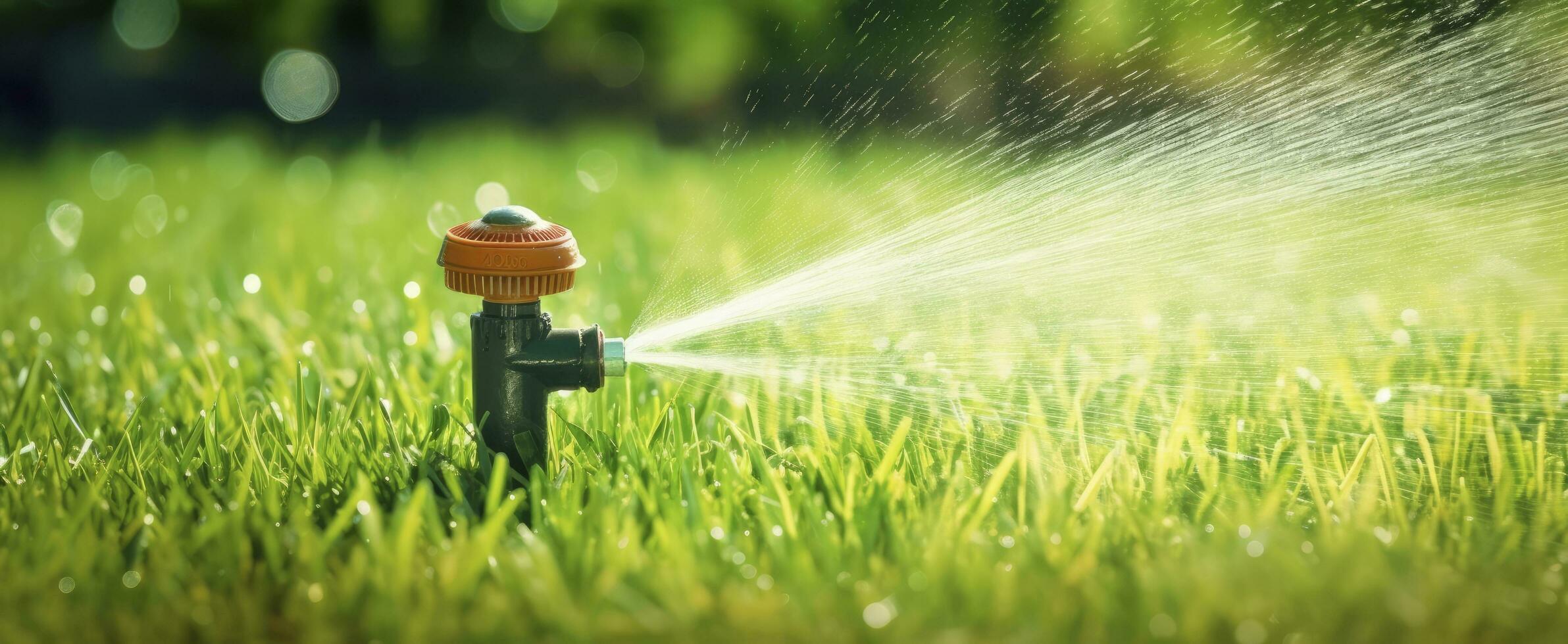 ai generato automatico giardino prato spruzzatore nel azione irrigazione erba. ai generato foto