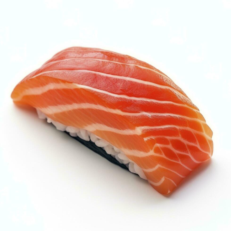 ai generato un' Sushi salmone su bianca sfondo. ai generato foto