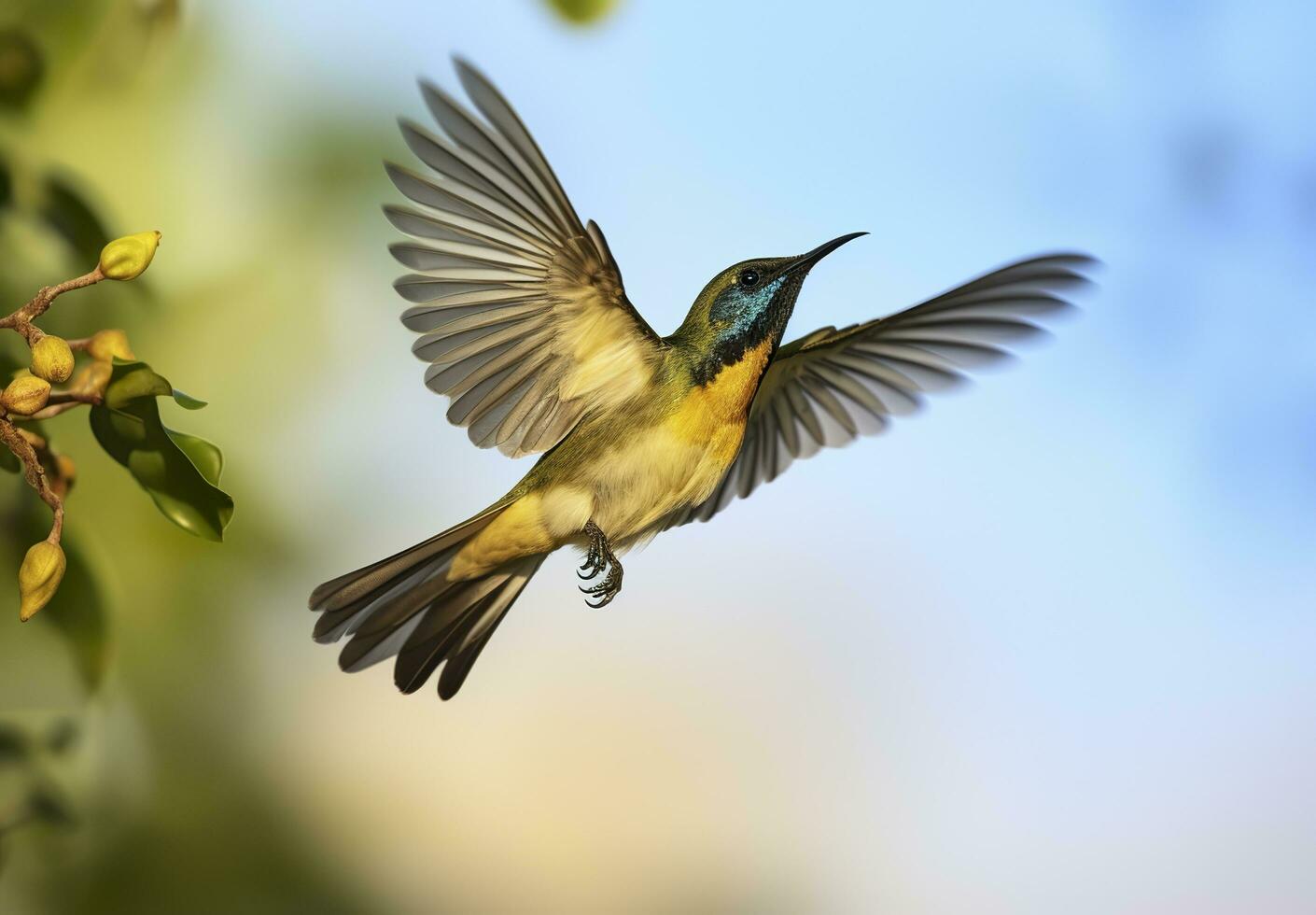 ai generato oliva sostenuto uccello solare, giallo panciuto sunbird volante nel il luminosa cielo. generativo ai foto