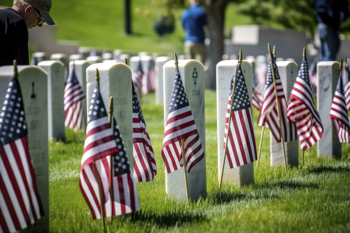 ai generato militare lapidi e lapidi decorato con bandiere per memoriale giorno. ai generato foto