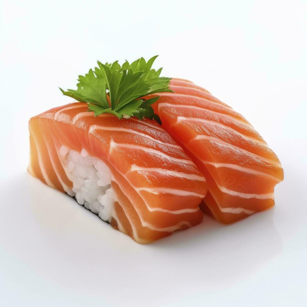 ai generato un' Sushi salmone su bianca sfondo. ai generato foto