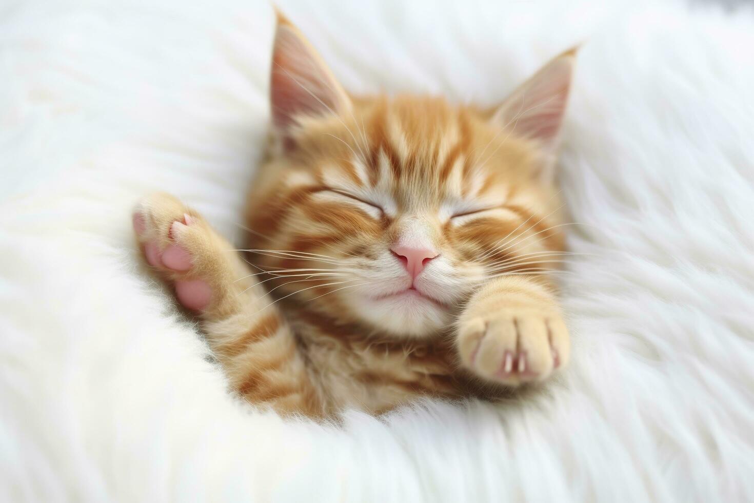 ai generato rosso gattino, gatto addormentato carino su bianca pelliccia. generativo ai foto