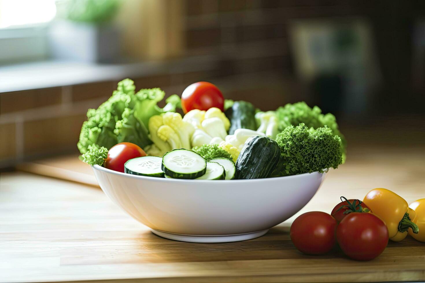 ai generato cucina ancora vita con bianca ciotola di lavato verdure su di legno scrivania. ai generato foto