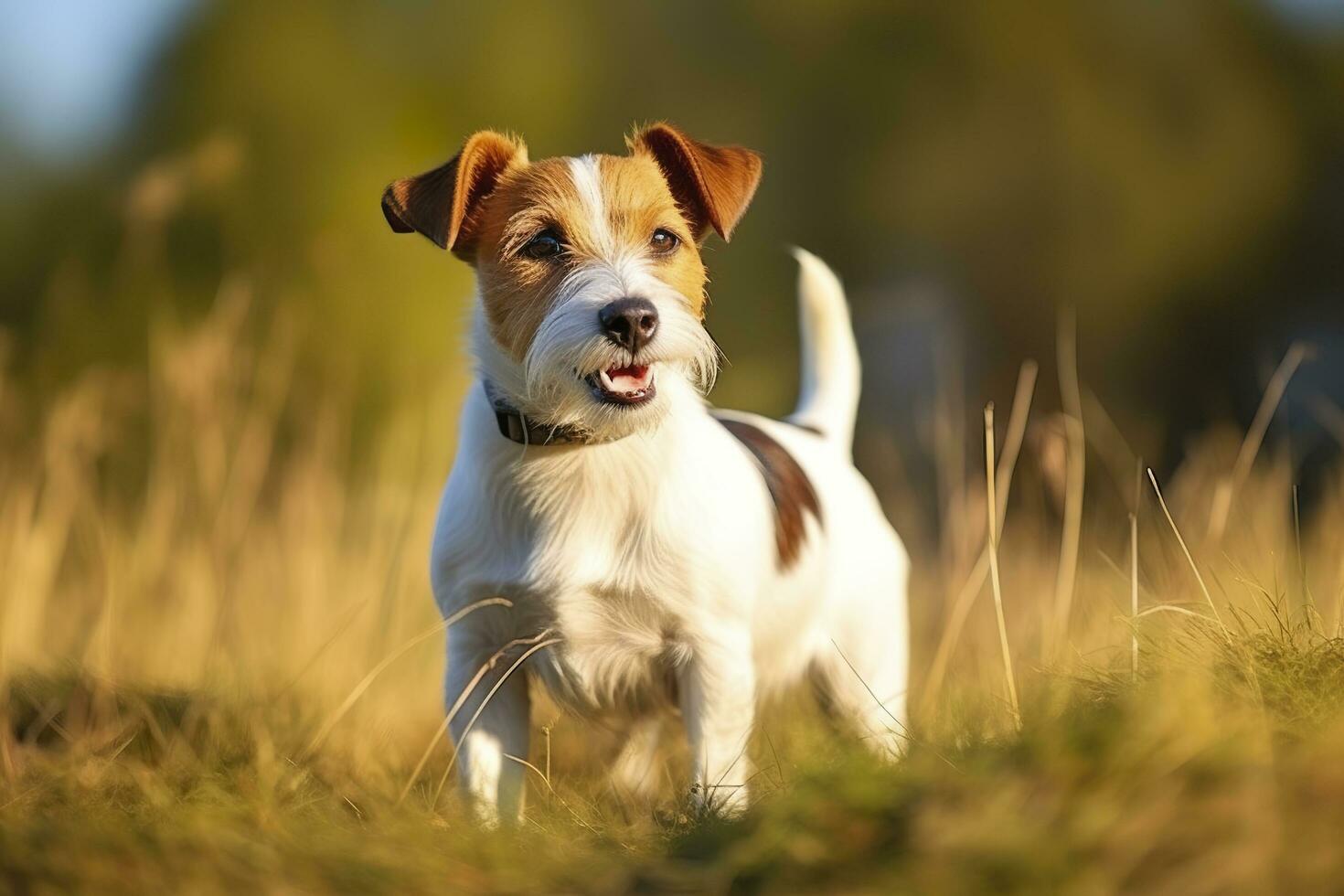 ai generato contento Jack russell terrier animale domestico cane in attesa, ascoltando nel il erba. ai generato foto