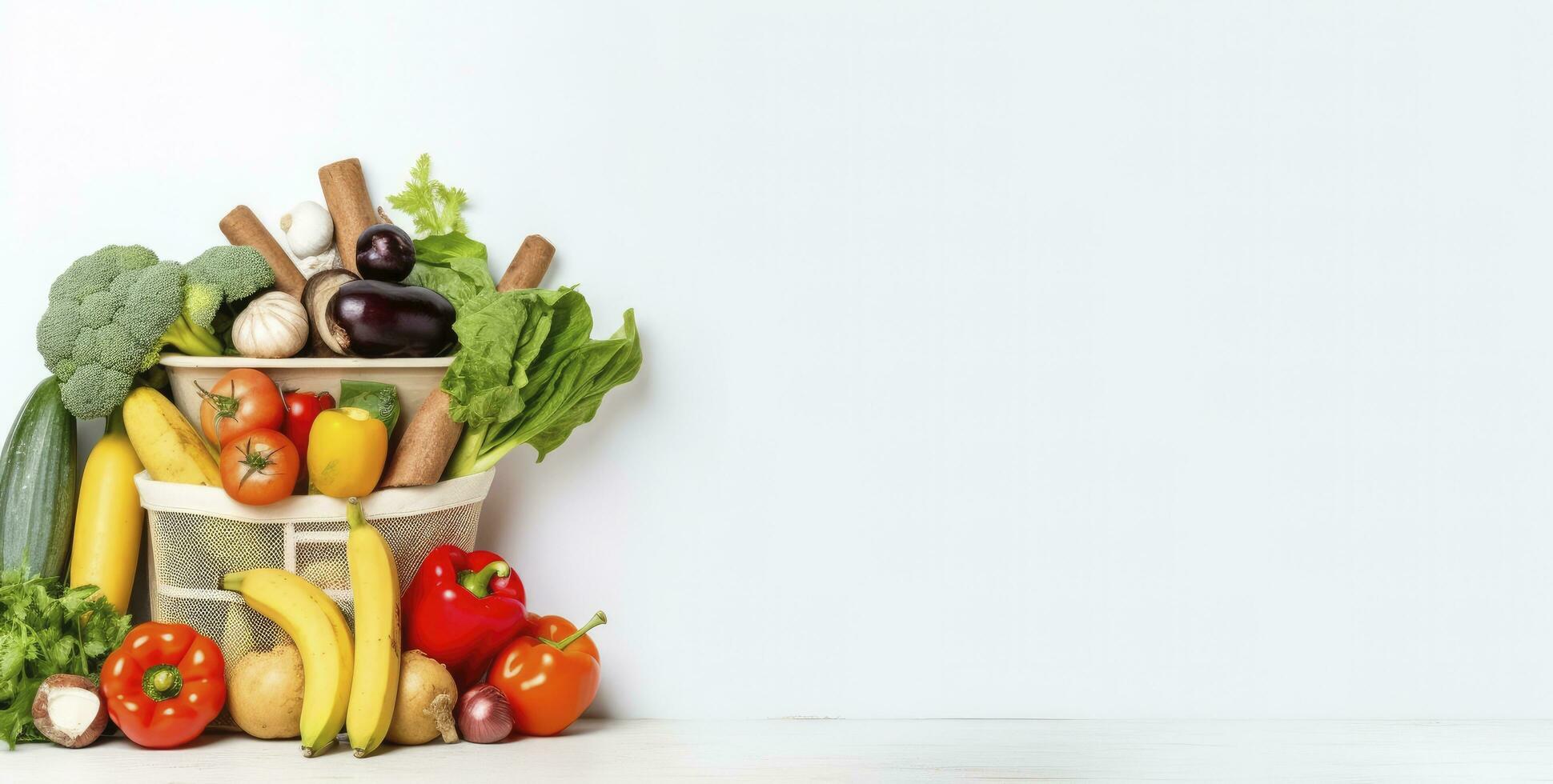 ai generato salutare cibo nel carta Borsa verdure e frutta su bianca sfondo. ai generato foto