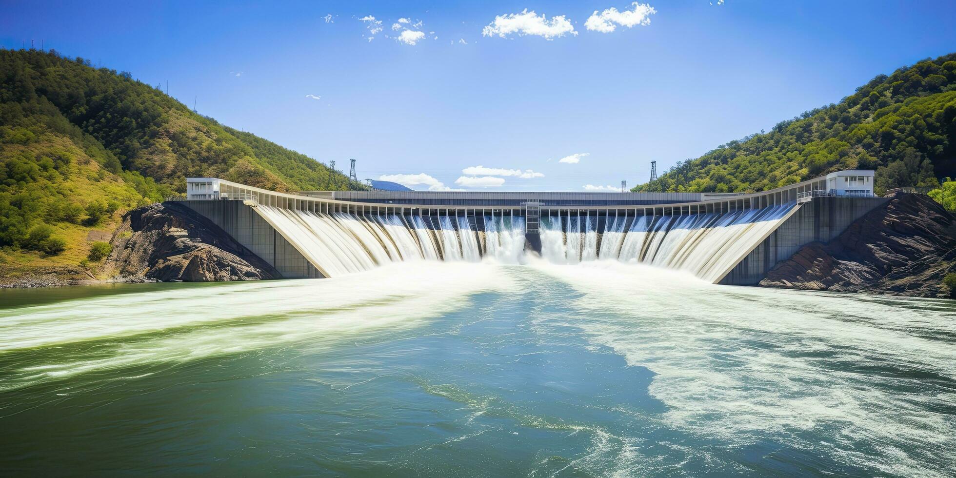 ai generato idroelettrico diga generando verde energia a partire dal fluente acqua. ai generato. foto