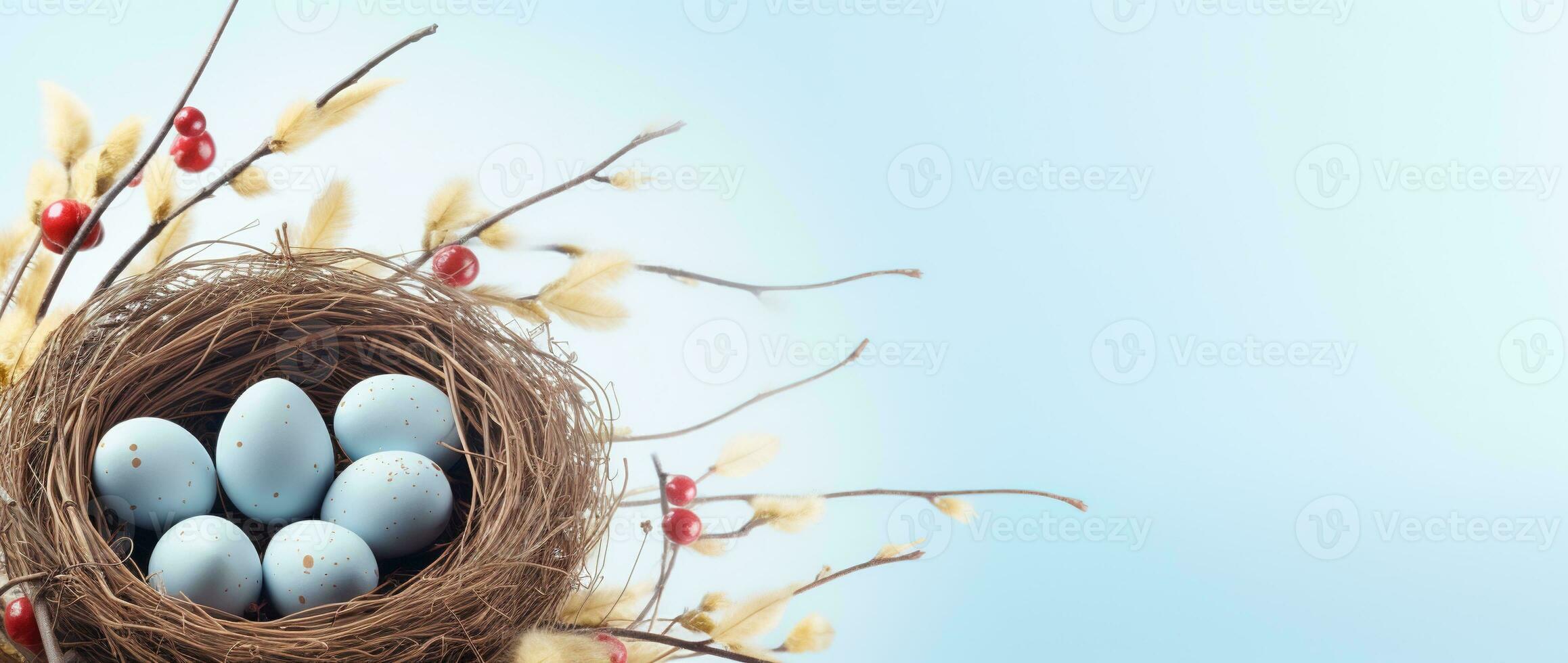 ai generato Pasqua uova nel un' nido su un' blu sfondo foto