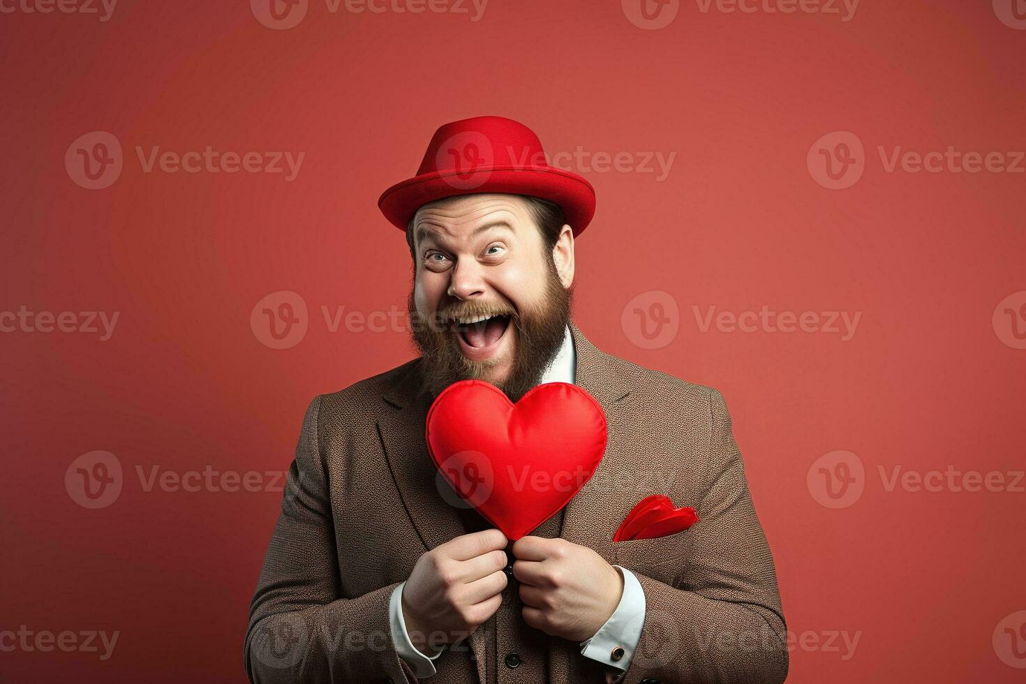 ai generato ritratto di un' contento uomo con un' rosso cuore su San Valentino giorno concetto. foto