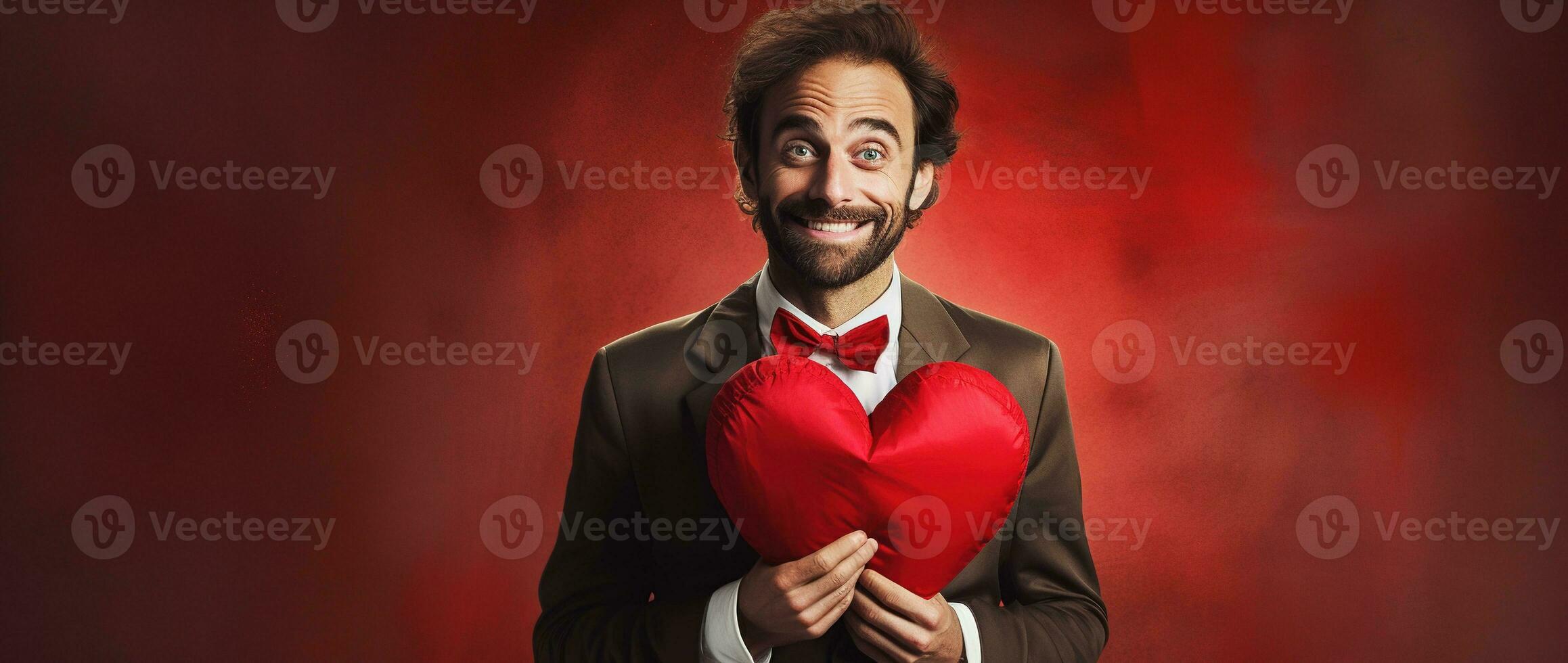 ai generato ritratto di un' contento uomo con un' rosso cuore su San Valentino giorno concetto. foto