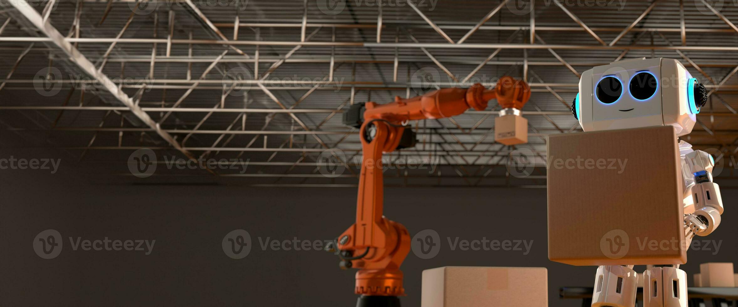 robot braccio industriale tecnologia braccio robot ai produzione scatola Prodotto produzione industria tecnologia Prodotto esportare importare futuro prodotti cibo cosmetici abbigliamento magazzino meccanico futuro. foto