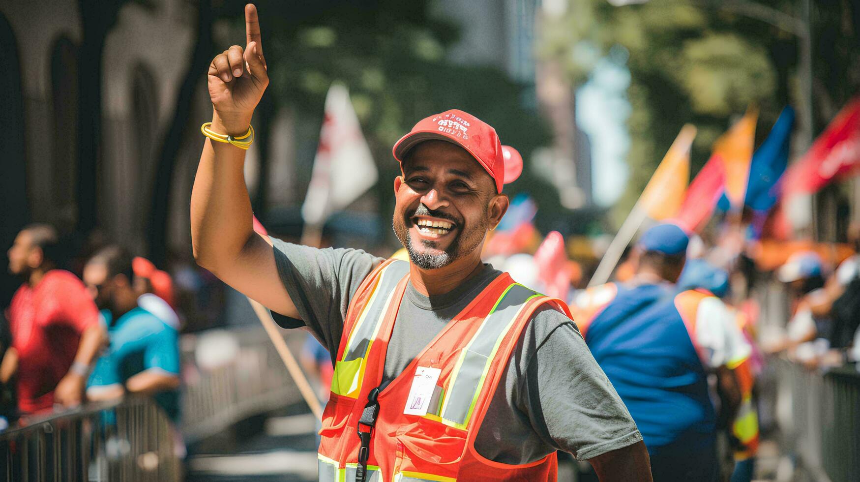 ai generato foto contento giocoso multietnico di lavoro duro e faticoso giorno celebrazione nel strada