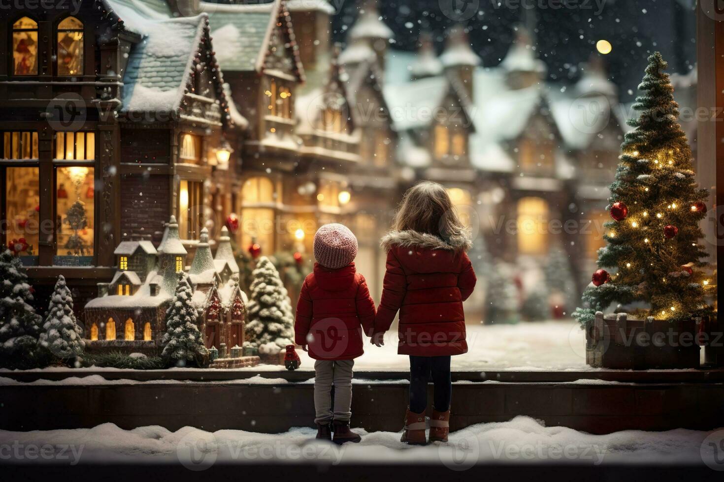 ai generato bambini guardare un' finestra di un' Natale negozio su Natale giorno foto